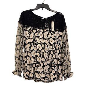 August Silk Womens Medium Vintage Floral Lace Chiffon Blouse Black/White Long Sl